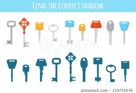 Find correct key shadow. Simple children play, educational development task for toddlers. Different types of keys and its shadows, neoteric vector template Find correct key shadow. Simple children play, educational development task for toddlers. Different types of keys and its shadows, neoteric vector template 129758036