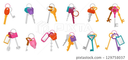 Key bunches. Modern retro keys with signature tags. Isolated bunch with different types lock pick. Symbols of new estate or car, rental, neoteric vector set Key bunches. Modern retro keys with signature tags. Isolated bunch with different types lock pick. Symbols of new estate or car, rental, neoteric vector set 129758037