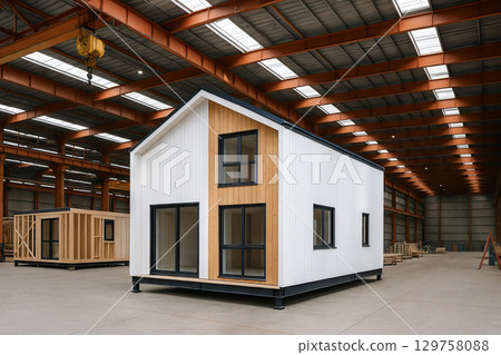 Modern prefabricated houses in industrial warehouse setting showcasing contemporary architecture and efficient building techniques. concept of modular homes, construction innovation, urban living 129758088