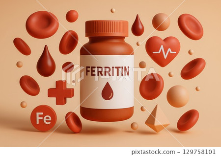 Ferritin supplement art featuring 3d render of capsules and red blood cells for health and wellness concept 129758101