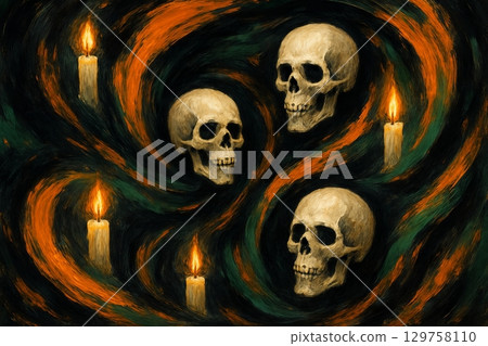 Halloween abstract swirl with skulls and candles illustration in vibrant orange and black colors. concept of spooky decor, eerie atmosphere, holiday celebration art 129758110