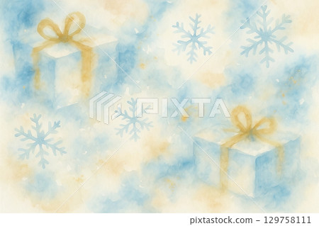Christmas watercolor abstraction with gift boxes and snowflakes in soft blue tones. concept of festive holiday decor, winter celebration, artistic seasonal background 129758111