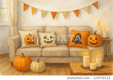 Watercolor halloween-themed living room with jack-o-lantern pillows and pumpkins on a cozy sofa. concept of festive autumn decor, cozy interior design, holiday celebration. Watercolor halloween-themed living room with jack-o-lantern pillows and pumpkins on a cozy sofa. concept of festive autumn decor, cozy interior design, holiday celebration. 129758118