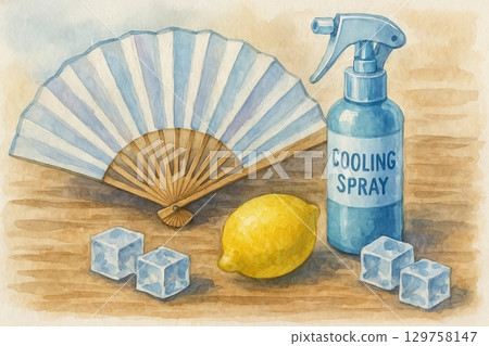 Watercolor cooling spray, lemon, and bamboo fan with ice cubes on table. concept of refreshment, summer heat, cool breeze 129758147