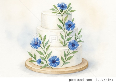 Wedding cake adorned with blue flowers and green leaves on white background. concept of elegant celebration, floral decoration, special occasion cake design 129758164