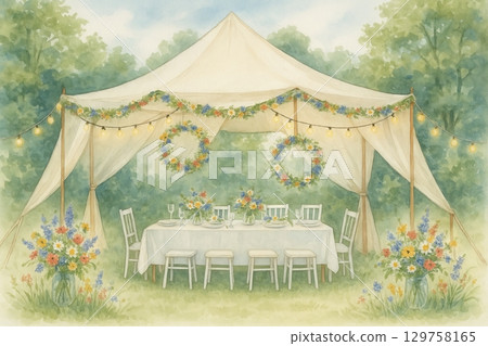 Elegant wedding tent in a garden with floral wreaths and dining setup for a perfect outdoor celebration concept of nature, decor, and event planning Elegant wedding tent in a garden with floral wreaths and dining setup for a perfect outdoor celebration concept of nature, decor, and event planning 129758165