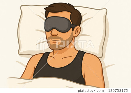 Illustration of a bearded man sleeping peacefully with eye mask in comfortable bed. concept of restful sleep, relaxation, bedtime routine. 129758175