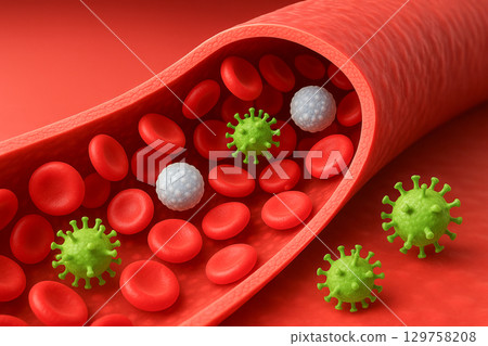 Medical illustration showing red and white blood cells and viruses in a blood vessel. concept of health, disease, human anatomy exploration, and immune response. 129758208