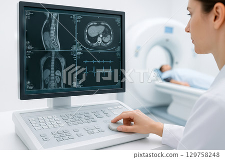 Medical professional analyzing mri scans on computer in modern imaging facility. concepts of healthcare technology, diagnostic imaging, medical examination. 129758248