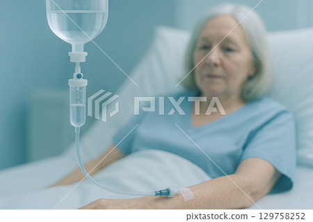 Elderly woman receiving intravenous therapy at hospital bedside for medical treatment and care. concept of healthcare, patient recovery, medical support. 129758252