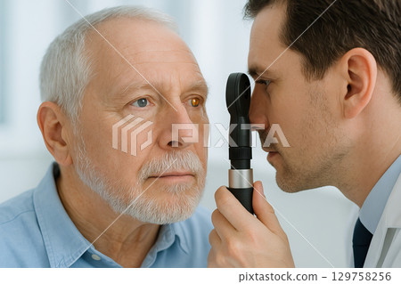 Elderly man receiving eye examination by optometrist using ophthalmoscope in medical clinic. concept of vision care, healthcare checkup, professional medical service 129758256