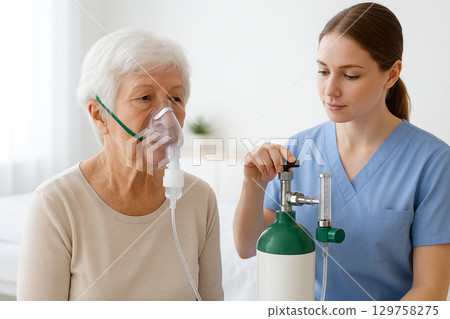 Nurse assisting elderly woman with oxygen mask during medical treatment in hospital. concept of healthcare, elderly care, professional nurse support 129758275