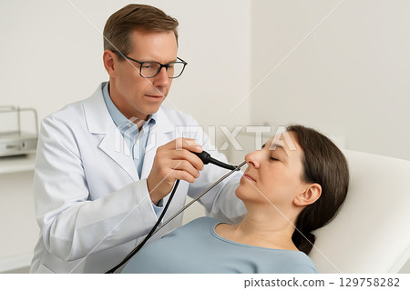 Doctor performing nasal endoscopy on female patient in clinic. ENT diagnostic examination with flexible endoscope, otolaryngology procedure for nose and sinus evaluation Doctor performing nasal endoscopy on female patient in clinic. ENT diagnostic examination with flexible endoscope, otolaryngology procedure for nose and sinus evaluation 129758282