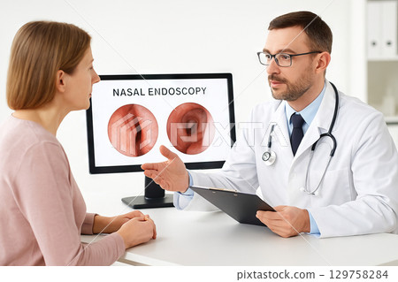 Doctor discussing nasal endoscopy results with female patient in medical office. concept of healthcare consultation, medical advice, patient care 129758284