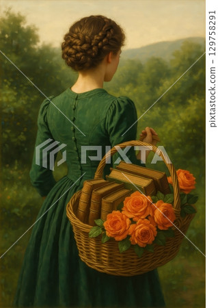 Woman in Elegant Green Vintage Dress with Basket of Antique Books and Orange Roses in Lush Garden 129758291
