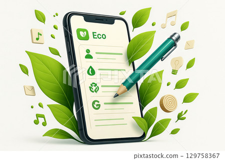 Eco-friendly mobile app interface with leaves and pencil illustration. concept of green technology, sustainability, digital eco solutions 129758367