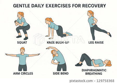 Illustrated guide of gentle daily exercises for recovery including squats and breathing. concept of fitness routine, physical therapy, healthy lifestyle 129758368
