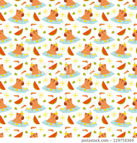 Seamless pattern with cute capybara, tangerines, watermelon, duck, shells and sun.  129758369
