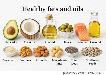 Healthy fats and oils selection featuring avocado, coconut, olive oil, olives, salmon, corn oil, and various nuts and seeds for nutritious eating Healthy fats and oils selection featuring avocado, coconut, olive oil, olives, salmon, corn oil, and various nuts and seeds for nutritious eating 129758370