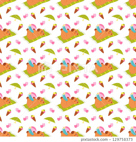 Seamless pattern with cute capybara, ball, umbrella, ice cream, hearts, beach towel.  Seamless pattern with cute capybara, ball, umbrella, ice cream, hearts, beach towel.  129758373