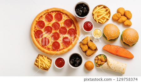 Delicious fast food spread featuring pizza, burgers, fries, nuggets, sushi, and wrap on white background. concept of varied cuisine, indulgent meal, casual dining Delicious fast food spread featuring pizza, burgers, fries, nuggets, sushi, and wrap on white background. concept of varied cuisine, indulgent meal, casual dining 129758374