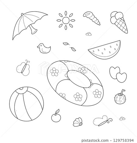 A set with color additional elements for a beach holiday. Clip art for your projects. A set with color additional elements for a beach holiday. Clip art for your projects. 129758394