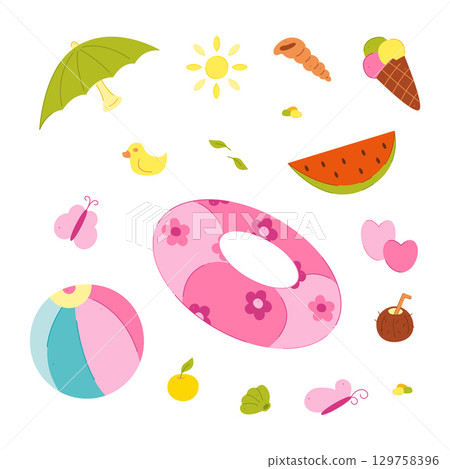 A set with additional elements for a beach holiday. Clip art for your projects. A set with additional elements for a beach holiday. Clip art for your projects. 129758396