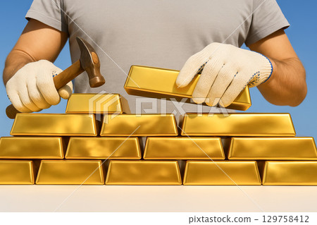 Man building wall from gold bars like bricks with hammer. Concept of wealth foundation, investment security, financial stability, expensive housing, rising real estate prices 129758412