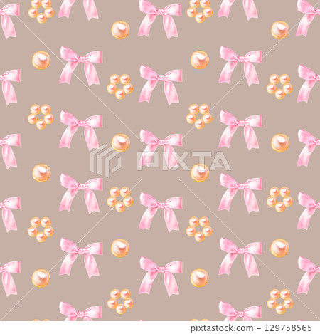 Seamless pattern with pink bow and pearl flower and pearls, hand drawn in watercolor. Seamless pattern with pink bow and pearl flower and pearls, hand drawn in watercolor. 129758565