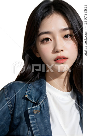 一位自信的年輕女子的肖像,她化著自然的妝容,穿著牛仔夾克和白色 T 卹 一位自信的年輕女子的肖像,她化著自然的妝容,穿著牛仔夾克和白色 T 卹 129758612