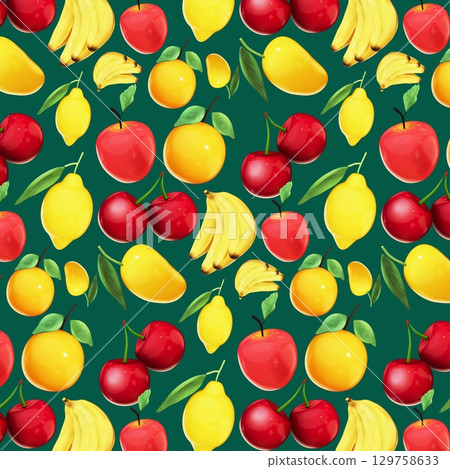 Seamless 3D Fruit Pattern on green Background Seamless 3D Fruit Pattern on green Background 129758633