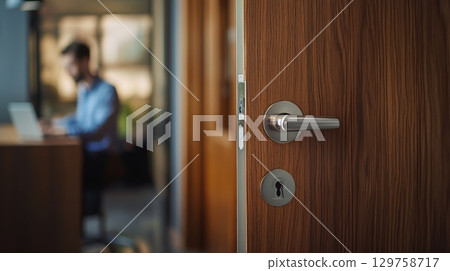 Open wooden door with blurred office background and man working at desk 129758717