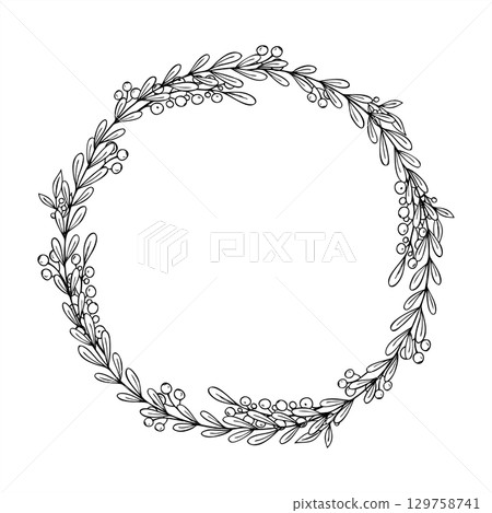 Vector monochrome evergreen berry branches isolated wreath line ink illustration. Foliage with berries round frame with copy space for text. Holiday template for Christmas, wedding invitation 129758741
