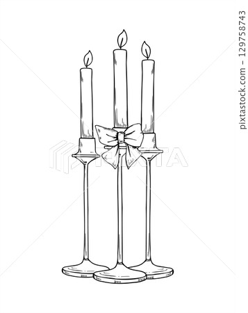 Vector illustration of three burning narrow candles in tall holders painted by black inks. Christmas monochrome composition in minimalist black and white linear style. For holiday winter decor 129758743