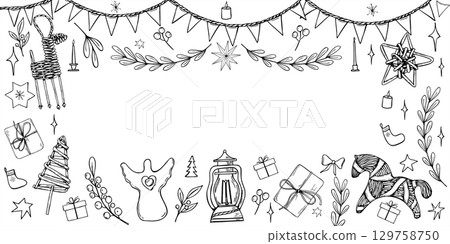 Xmas decoration vector horizontal frame painted by black inks. Scandinavian Yule traditional wooden toys, candle, cone, heather, star, lantern, gift graphic sketch for Nordic holiday decor. 129758750