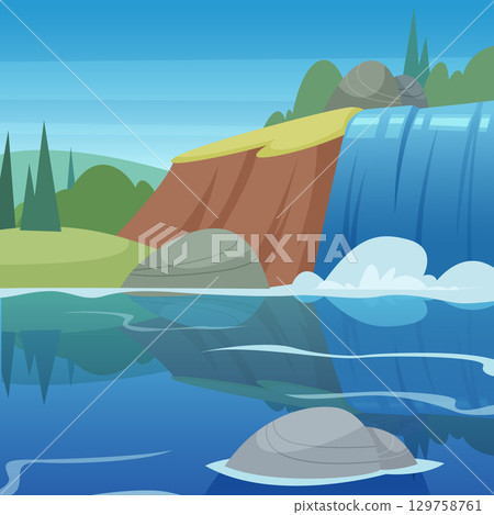 Waterfall. cartoon landscape with river and waterfall 129758761