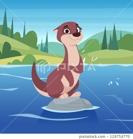Otter. cartoon river animal otter standing on stone in river Otter. cartoon river animal otter standing on stone in river 129758770