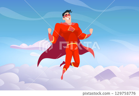 Hero in sky. superhero in red uniform flying. vector cartoon character 129758776