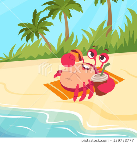 Crab. cute red ocean mascot crab relaxing on beach 129758777