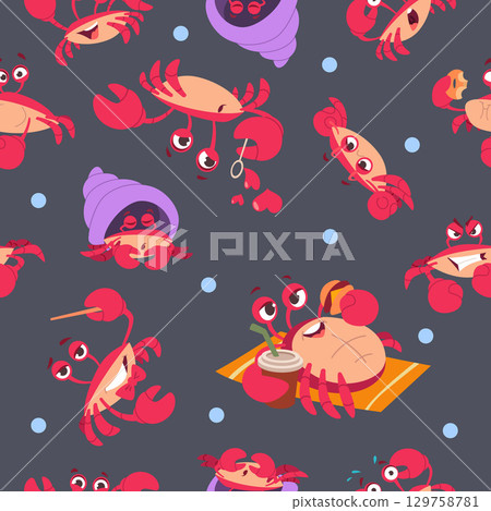 Crab pattern. cartoon template with different funny crab. seamless background 129758781