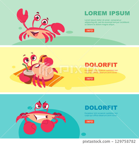 Crab banners. ads templates for print design projects with crab in action poses and funny emotional faces 129758782