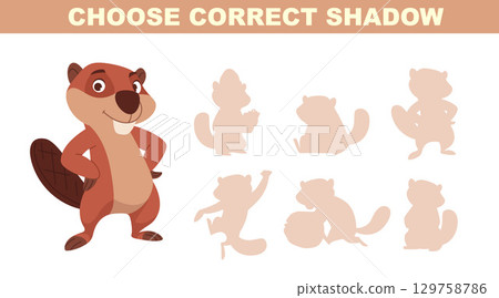 Beaver silhouettes. choice correct shadows from cartoon animals beavers in action poses Beaver silhouettes. choice correct shadows from cartoon animals beavers in action poses 129758786