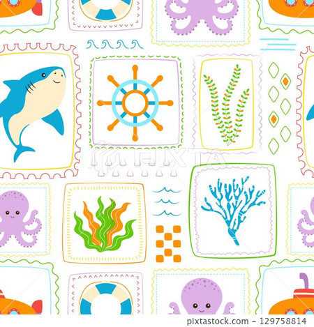 summer stamps seamless pattern 129758814