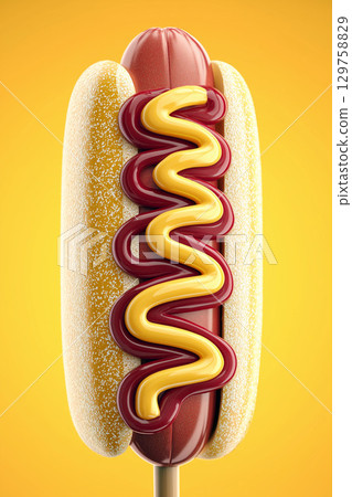Realistic hot dog popsicle with glossy ketchup and mustard swirl on a vibrant yellow background 129758829