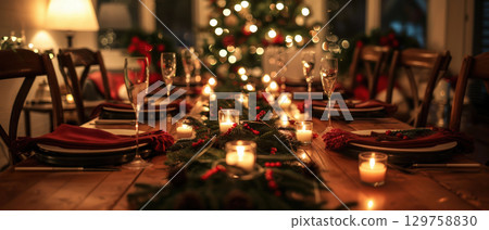 Festive Christmas dinner table with candles 129758830