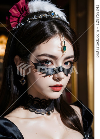 Elegant woman in gothic costume with black lace mask and royal accessories at a luxurious party Elegant woman in gothic costume with black lace mask and royal accessories at a luxurious party 129758843