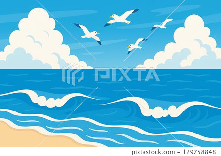 Sea, seagulls, sandy beach, cumulonimbus clouds 129758848