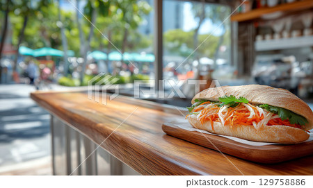Fresh banh mi sandwich with pickled vegetables and cilantro on wooden tray in outdoor cafe setting 129758886