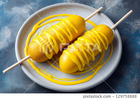 Two golden corndogs on sticks drizzled with yellow mustard, served on a white plate with a blue textured background 129758888