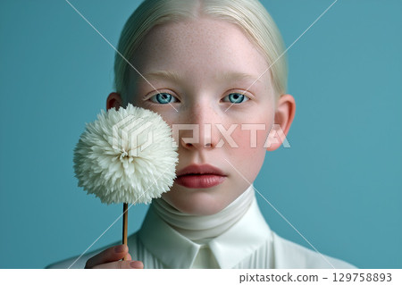 Minimalist portrait of an albino girl with light blonde hair and blue eyes holding a white flower against a turquoise background Minimalist portrait of an albino girl with light blonde hair and blue eyes holding a white flower against a turquoise background 129758893